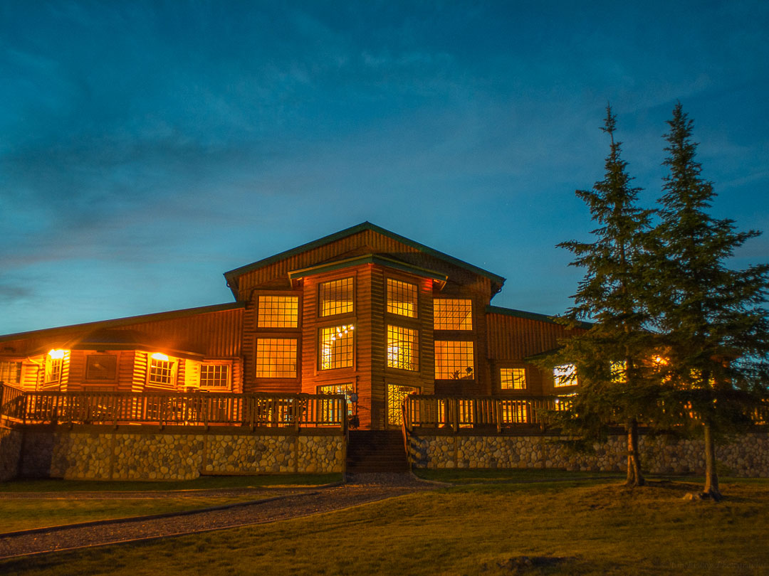Nighttime Main Lodge at North Haven Resort on Utik Lake